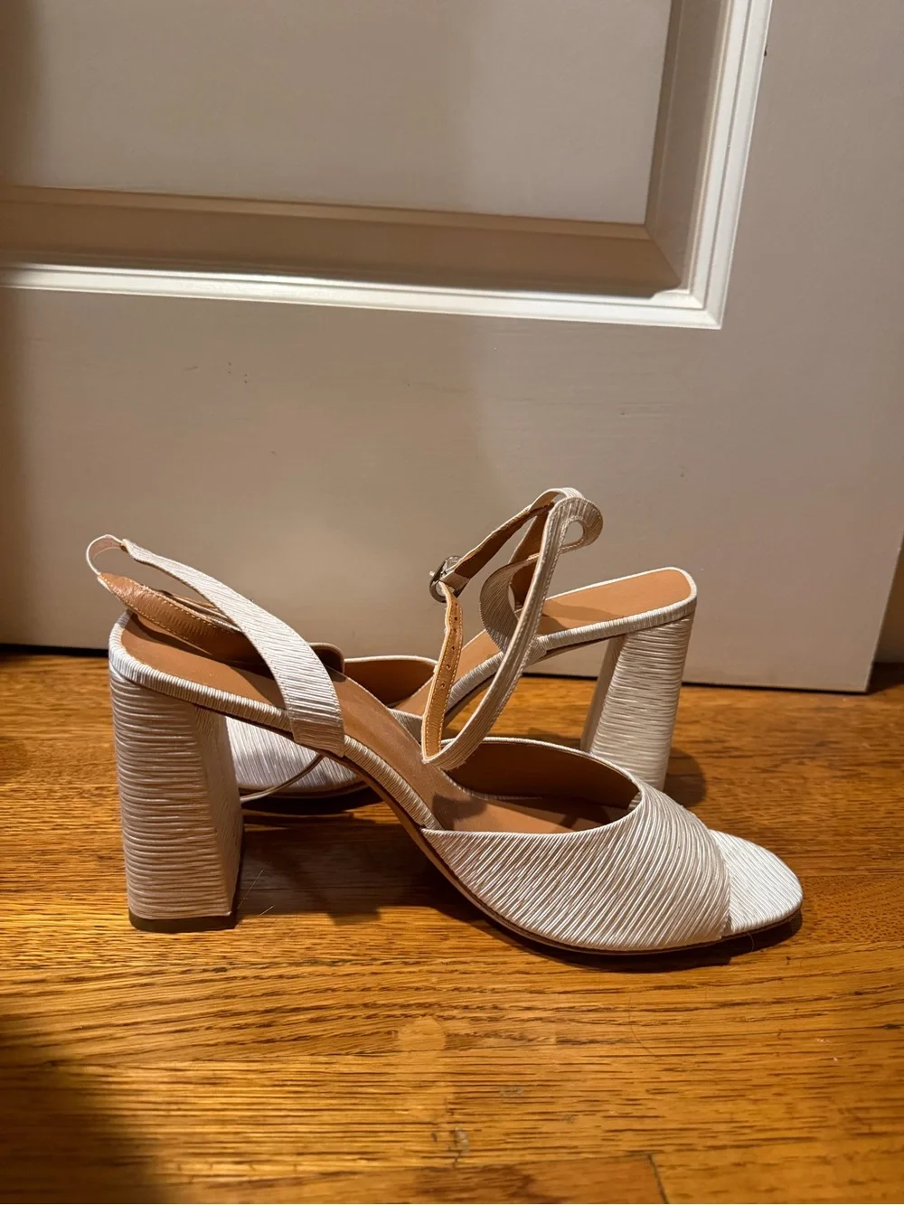 STAUD Cream Textured Platform Ankle-Strap Sandals